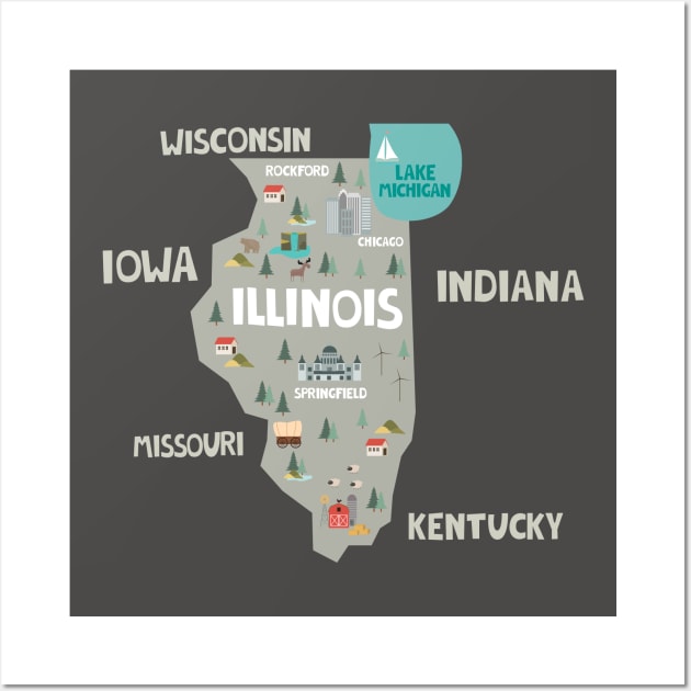 Illinois State USA Illustrated Map Wall Art by JunkyDotCom